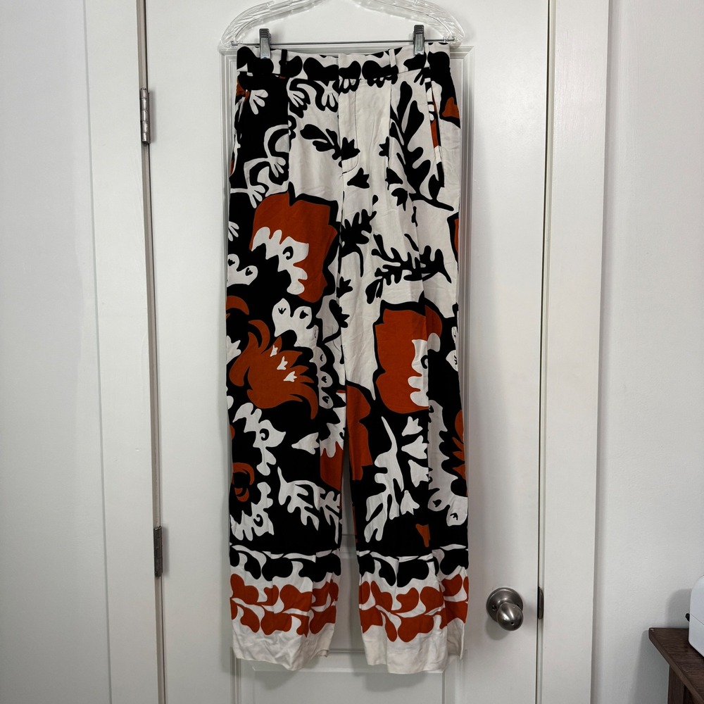 Zara Small Wide Leg Printed Pants ~ Palazzo Orange Black High Waist Pleated